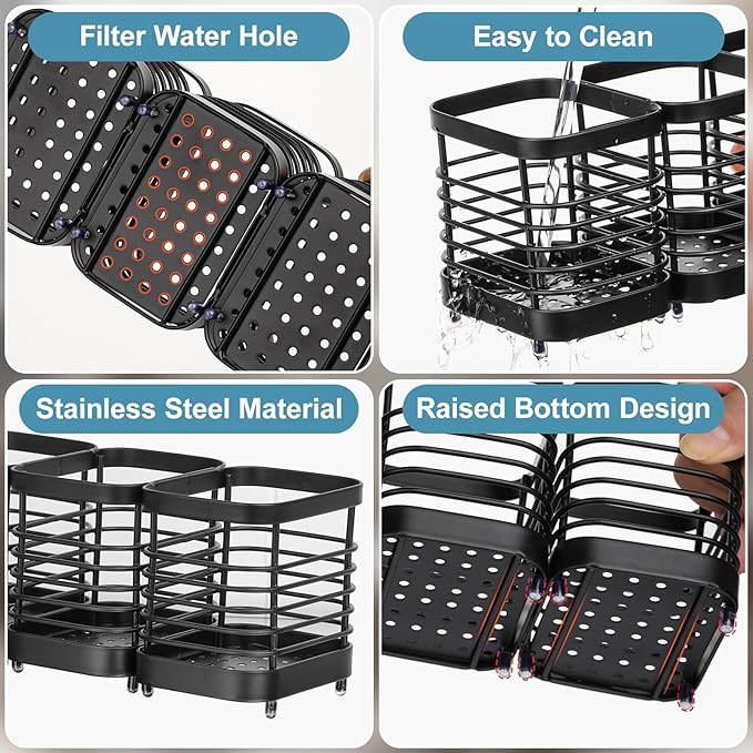 Utensil Holder, Stainless Steel Utensil Drying Rack for Kitchen Counter, Silverware Cutlery Flatware Holder Forks, Knives, Spoons, Chopsticks Organizer (Black)
