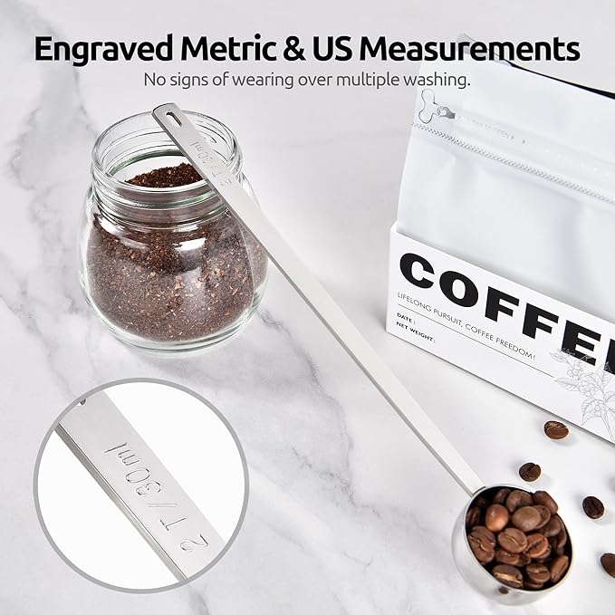 U-Taste Coffee Scoop 2 Tablespoon: 18/8 Stainless Steel Measuring Scooper for Ground Coffee, Bean, Powder, Espresso, 8.5in Extra Long Handle Metal Meaure Spoon for Canister, Jar (2Tbsp/30ml, Silver)