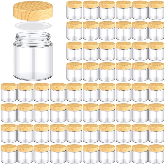 Norme 64 Pcs 4 oz Glass Jars with Lids Empty Small Glass Containers and Inner Liners Reusable Cosmetic Jars Round Airtight Bottles with Plastic Wood Grain Lids for Travel
