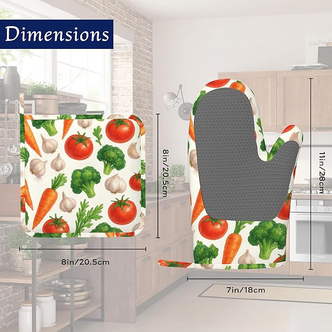 Vegetables Oven Mitts and Pot Holders Sets of 4 Tropical Tomato Carrot Heat Resistant Silicone Oven Mits Gloves Non-Slip Kitchen Mittens Potholders for Cooking Baking Grilling BBQ