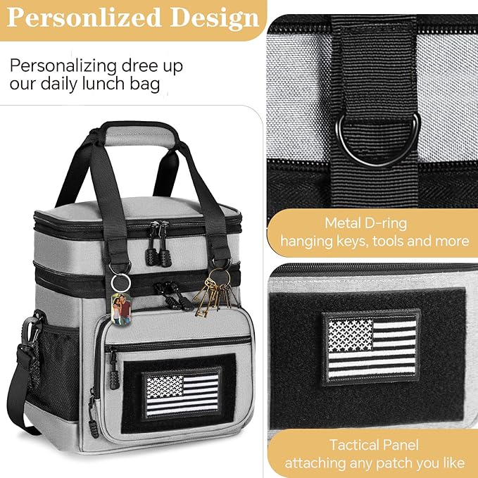 GLENKEY Tactical Lunch Box Cooler Bag - Expandable Insulated Lunch Bag for Men Women - Large Lunchbox for Adults Work Shifts Outdoor Trips Grey 16L