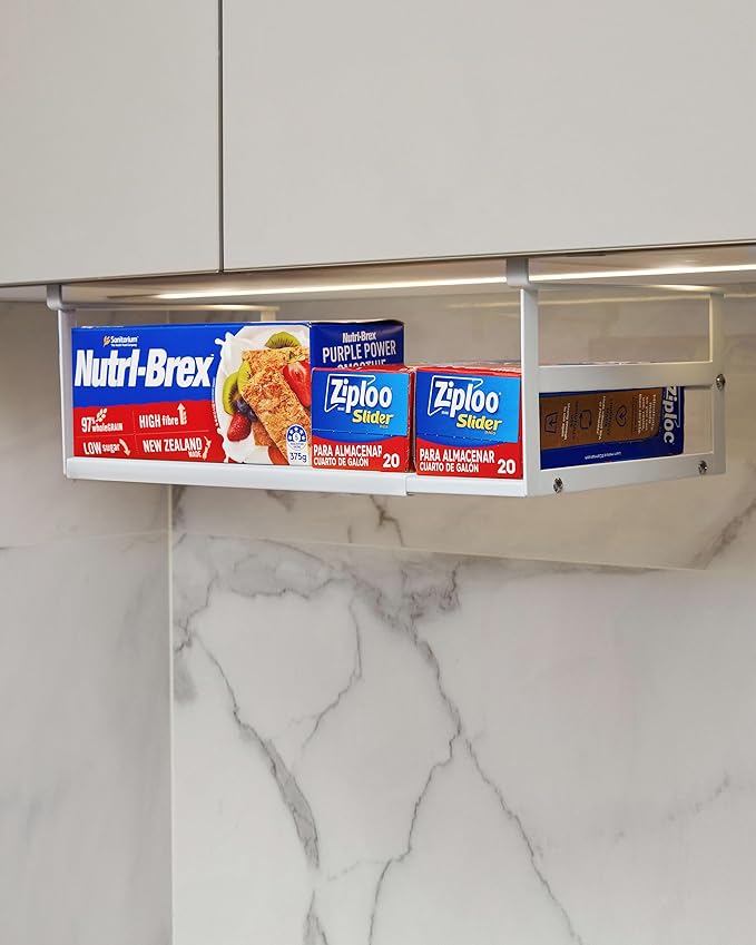 2Pack Under Shelf Storage Basket Organizer Expandable Width Add-On Space Saver Hanging Under Cabinet Pantry Kitchen Countertop Desktop Board Slide-In White Heavy-Duty Metal Higher & Wider Size