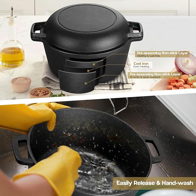 TeamFar Pre-season Cast Iron Dutch Oven with Skillet Lid, 2-in-1 Cast Iron Bread Pan Skillet Cookware with Dual Handles for Bread Baking, Frying, Camping, 5QT