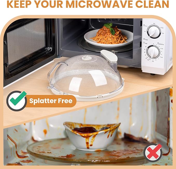 Gracenal Microwave Food Cover, 12 Inch Microwave Splatter Cover with Water Steamer and Integrated Handle, White Clear Splatter Guard Microwave Cover for Food, Microwave Lid Gifts for Mom