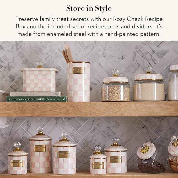 MACKENZIE-CHILDS Enamel Recipe Box, Index Card Box with Lid, Includes 40 Recipe Cards, Pink-and-White Rosy Check