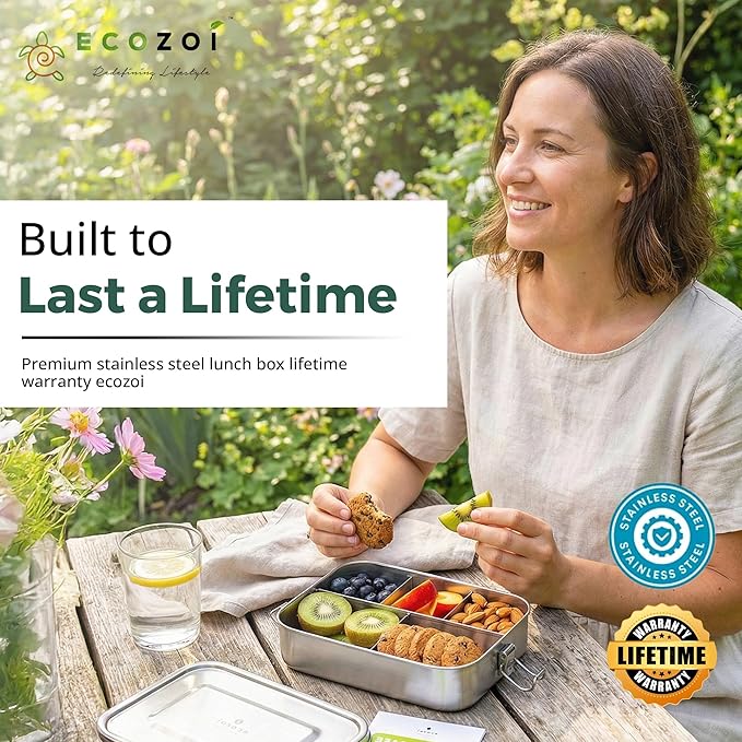 ecozoi Stainless Steel Lunch Box, 1-Tier Metal Bento Box Leak Proof with 5 Compartments, 50 Oz Metal Lunch Container, Meal Prep Food Container, with 50 ml Sauce Container