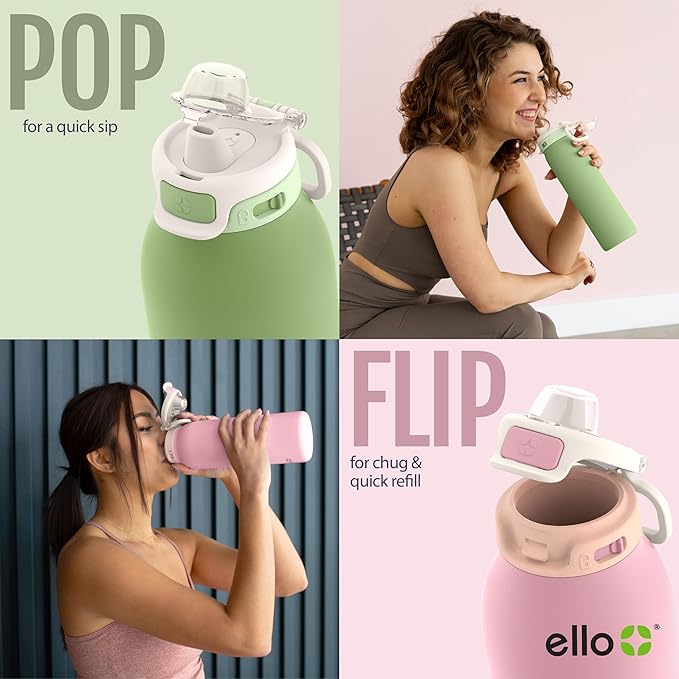 Ello Pop & Fill 32oz Stainless Steel Water Bottle with QuickFill Technology, Double Walled and Vacuum Insulated Metal, Leak Proof Locking Lid, Straw and Chug, Reusable, BPA Free, Take a Bow