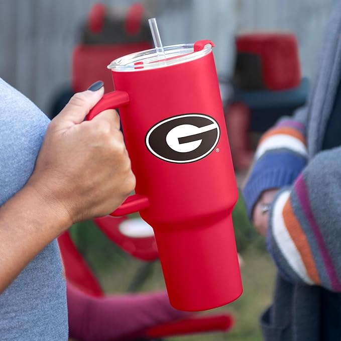 Logo Brands NCAA 40 oz Tumbler with Handle -Stainless Steel Insulated Travel Tumbler with Straw Lid – Powder Coated, Leak-Resistant, Keeps Drinks Hot/Cold – Great for Tailgating, or Everyday Use