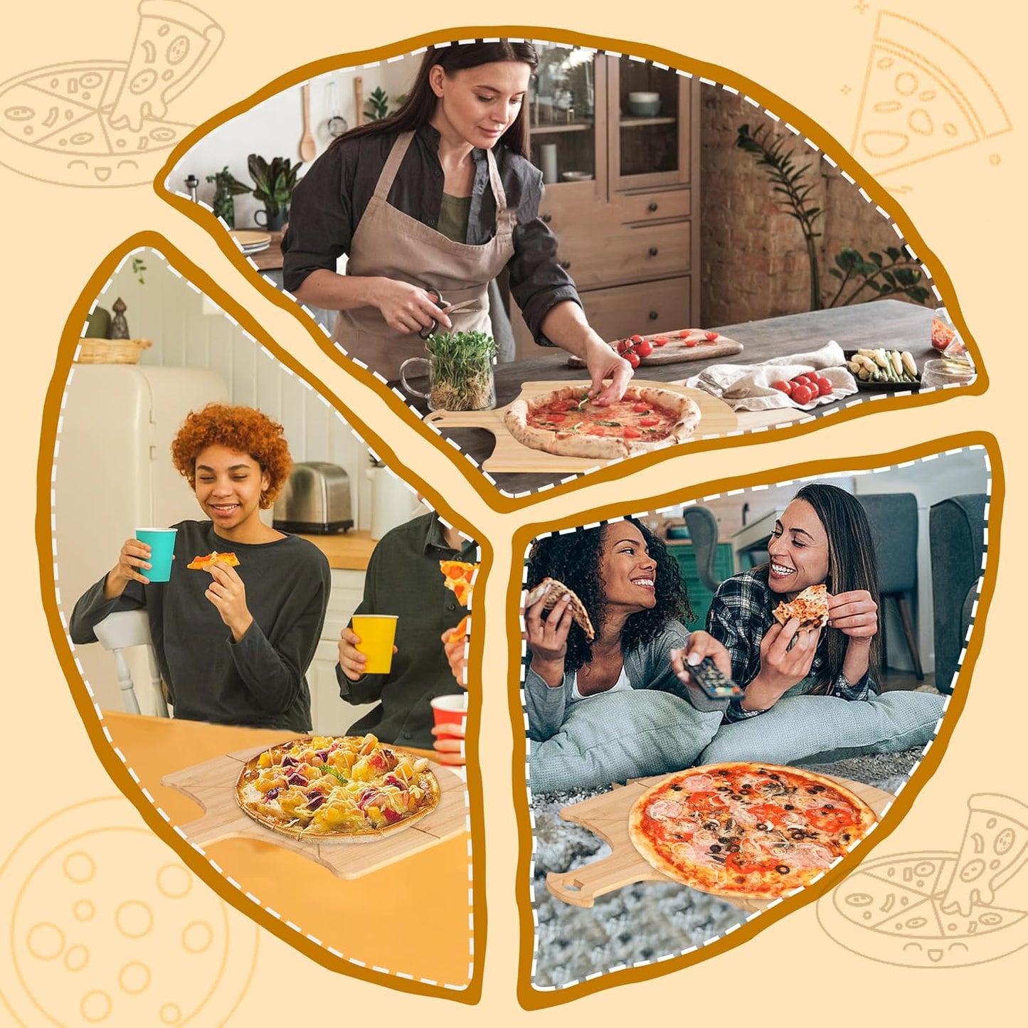 Pizza Peel Wooden, 12 Inch Pizza Spatula Wood Non-Stick, Bamboo Pizza Paddle as Cutting Board with Cutting Grooves for Easy Pizza and Bread Making