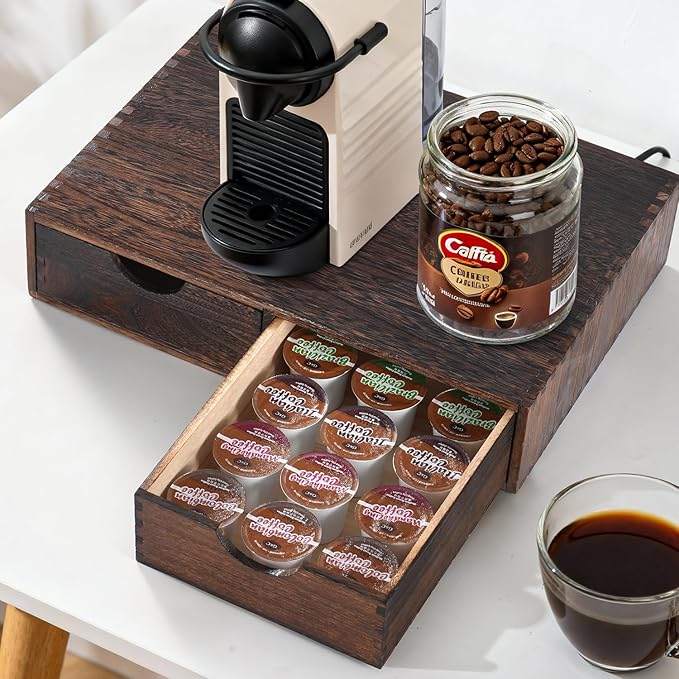 Wooden K Cup Organizer Coffee Pod Storage Box, Coffee Pod and Tea Bag Holder,Kcup Drawer Coffee Maker Stand,Home Kitchen Counter Holds Up to 30 Pods Capacity (2 Drawer) (Carbonized Black)