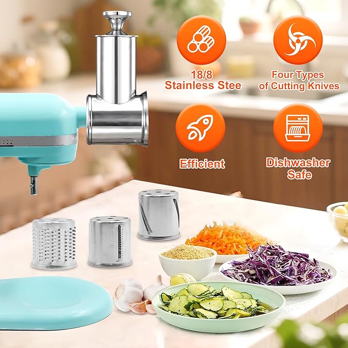 Stainless Steel Slicer Shredder for KitchenAid Mixer Attachment Vegetable & Cheese Grater Attachment with 4 Blades (Fine, Medium, Coarse, Slicer), with Knob, Dishwasher Safe, Durability