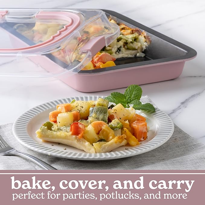 Country Kitchen Baking Pans Set - 10 Piece Non-Stick Cake Pans with Carry Lids for Easy Storage & Travel, Perfect for Parties - Stackable, Pink