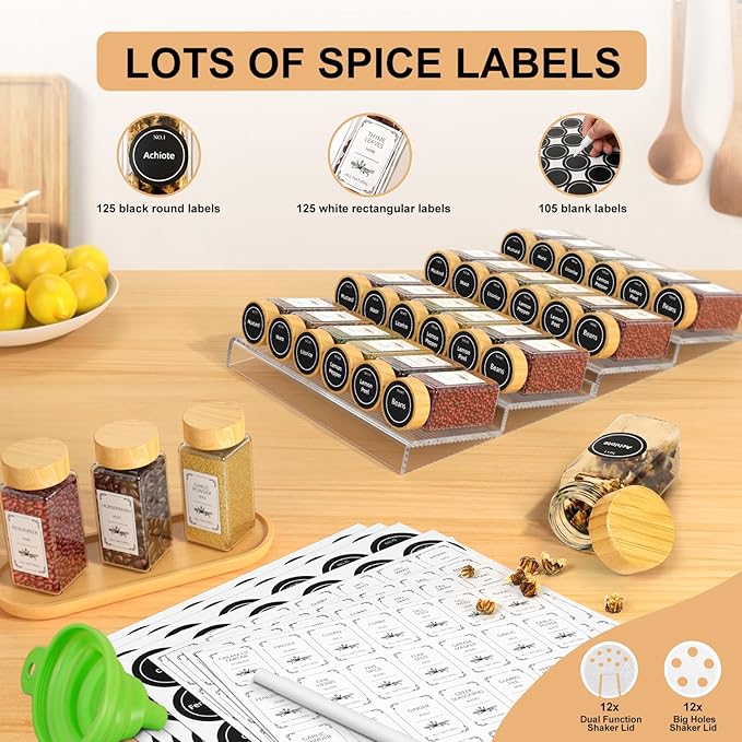 24 Spice Jars with Spice Drawer Organizer, 355 Spice Labels, 2 Pack Expandable From 11'' to 21'' Acrylic Spice Rack for Drawer, Seasoning Containers Storage Organization for Kitchen Cabinet Countertop