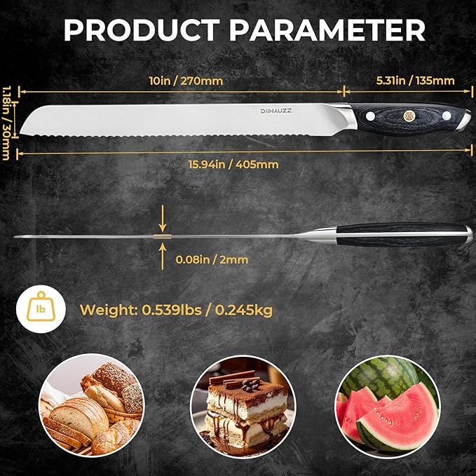 Bread Knife, 10 Inch Serrated Knife for Slicing Homemade Bread, Razor Sharp High Carbon Steel, Professional Bakery Kitchen Knives with Full Tang Ergonomic Handle for Sourdough, Bagel, Cake