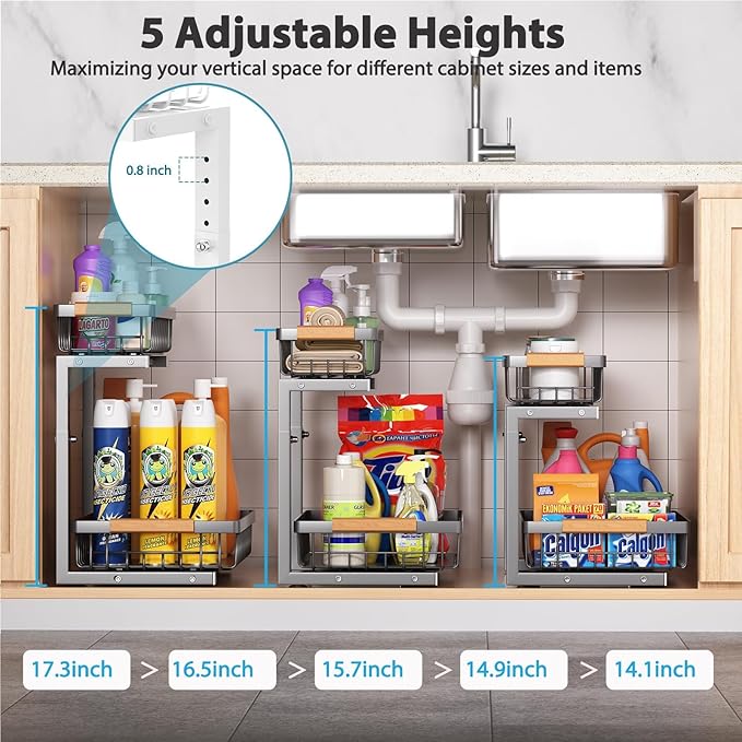 Liuoud Under Sink Organizer 2 Pack, 2 Tier Slide Out Large Capacity Height Adjustable Under Sink Organizers and Storage for Kitchen Bathroom Cabinet, Grey