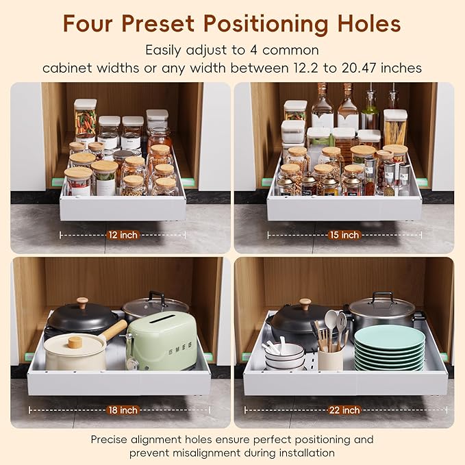 OneDream 4 Pack Pull Out Cabinet Organizer, 21" Deep Slide Out Drawers for Kitchen Cabinets, No Drill Adhesive Pull Out Drawers for Cabinets, Roll Out Shelves Adjustable Width 12.05"-20.4"