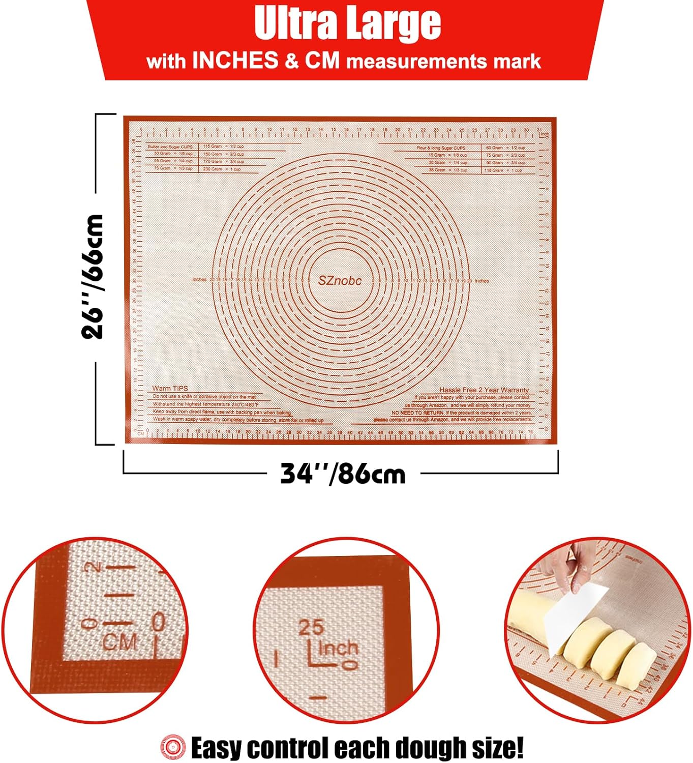 Silicone Pastry Mat 34''By 26'' Nonstick Baking Mats Extra Large Counter Mat for Dough Rolling, Pastry, Pie Crust, Fondant, Cookies, Bread, Pasta, Pizza Mat