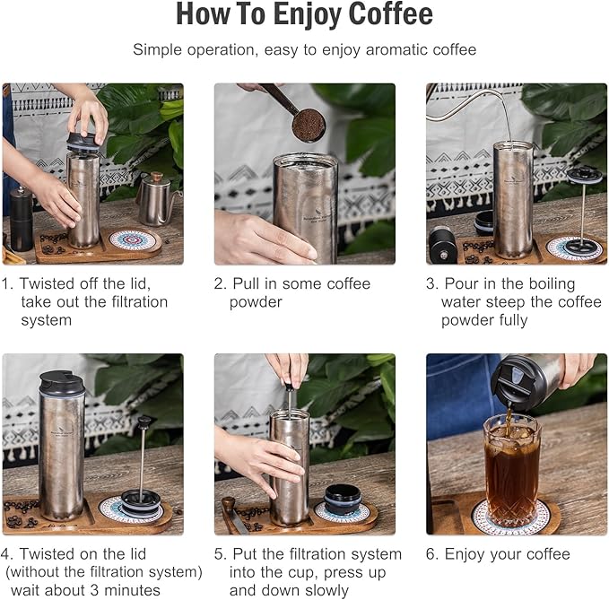 iBasingo 450ml Titanium French Press Coffee Flask Double-Walled Insulated Vacuum Cup Portable Water Bottle Outdoor Traveling Car Mug with Lid Ti3255D