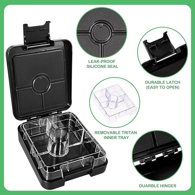 Pawtong Bento Lunch Box Set With 10oz Soup Thermo, Leak-proof Lunch Containers with 4 Compartment, Kids Hot Thermo Food Jar/Insulation Lunch Bag, Food Containers for School (Black)