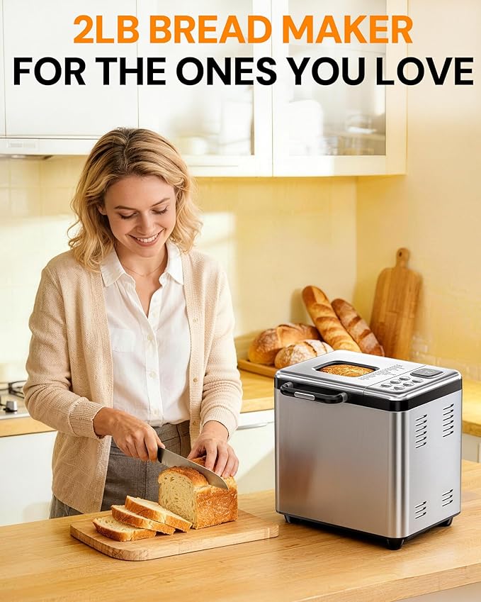 OSIPOTO Bread Maker, 2LB Stainless Steel Bread Machine, 17-in-1 Automatic Settings, Non-Stick Pan, Beginner-Friendly Controls, Easy to Clean, Low Noise, High Success Rate for Homemade Bread