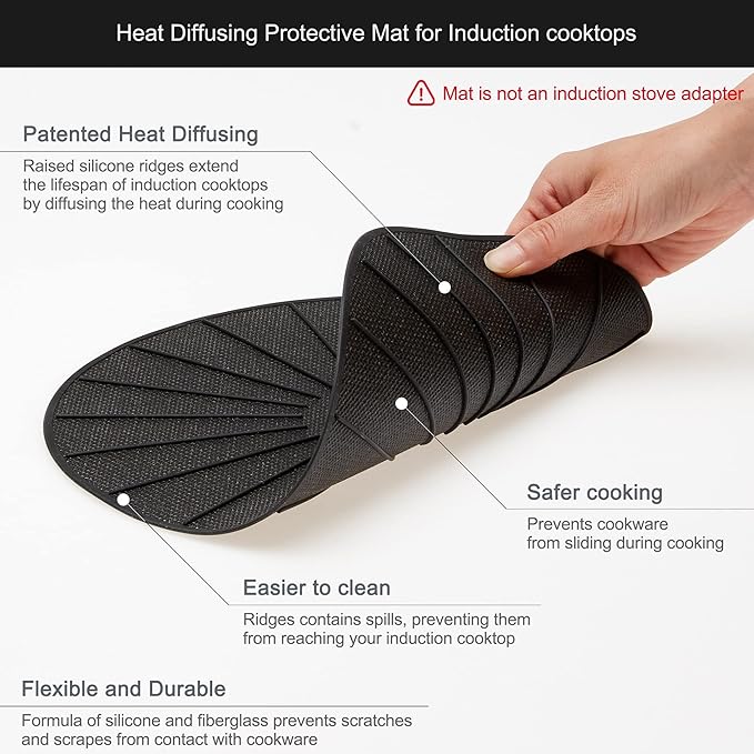 Lazy K Induction Cooktop Mat - Silicone Fiberglass Scratch Protector - for Magnetic Stove - Non Slip Pads to Prevent Pots from Sliding During Cooking_ Black (9.4inches)