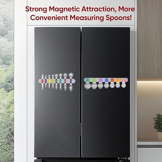 Magnetic Measuring Spoons Set with Strong N45 Magnets, Heavy Duty Stainless Steel Metal, Fits in Most Kitchen Spice Jars for Baking & Cooking, BPA Free, Multicolor
