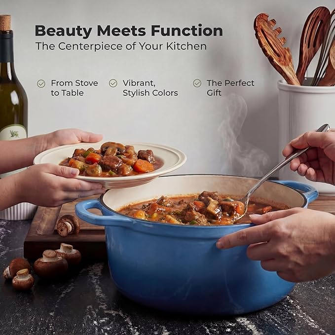 Zulay Kitchen 6 Quart Enameled Cast Iron Dutch Oven Pot with Lid – Premium Durability & Oven Safe up to 500°F – Heavy Duty Cookware Perfect for Bread Baking, Stews, Braising & Roasting - Aquamarine