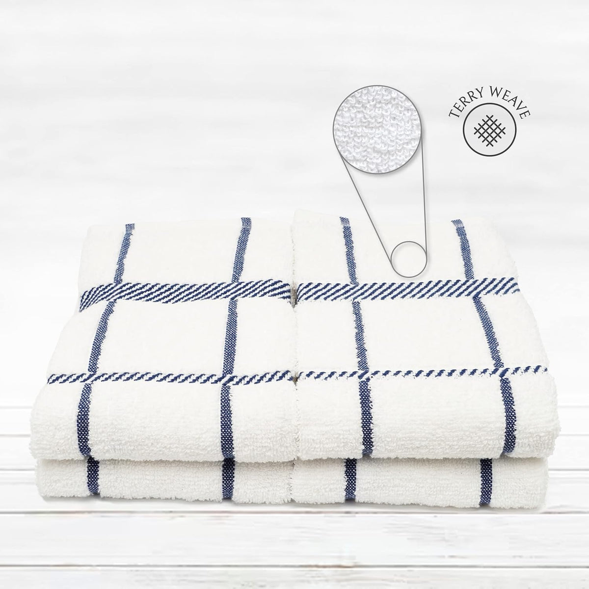 100% Cotton Terry Dish Towels, 4 Pack Checks, 16 x26 Inches, Super Soft and Absorbent Kitchen Towels, Perfect for Kitchen Cleaning and Dish Washing | Navy Blue