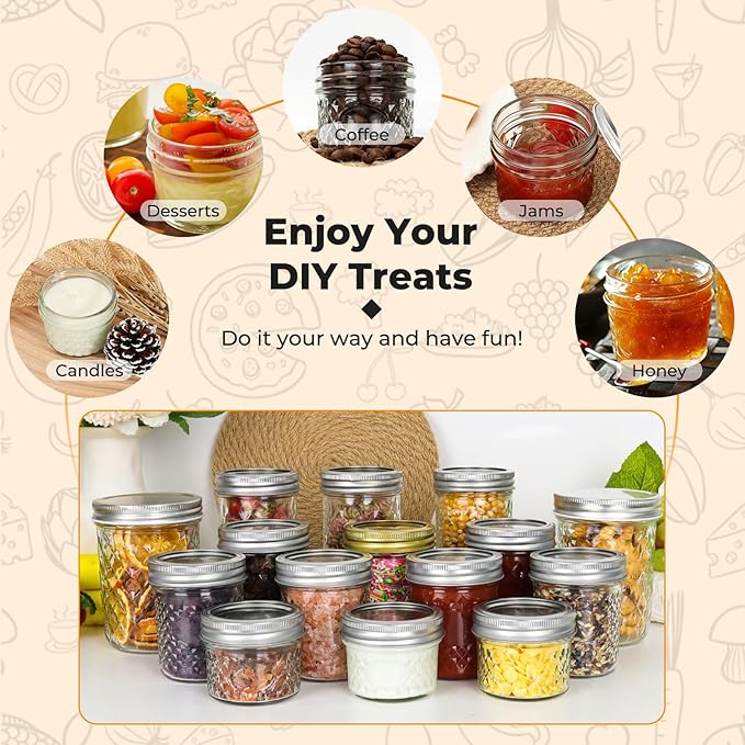 CycleMore 40 Pack 4oz Clear Mason Jars With One Piece Silver Lids, Mini Glass Canisters, Spice Bottles, Canning Jars for Honey, Jam, Jelly