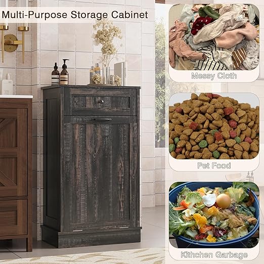 KIGOTY Tilt Out Trash Can Cabinet Trash Bin Cabinet with Hideaway Drawer Hidden Wooden Kitchen Garbage Can, Pet Proof Trash Can Holder for Kitchen (Rustic Black)