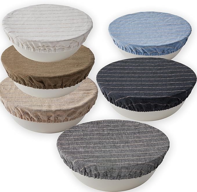 100% Pure Linen Bowl Covers For Bread Proofing, 4 Pcs Elastic Reusable Bowl Covers Large Ticking Striped Cloth Fabric Stretch Sourdough Lids, 6 * 8 * 10 * 12 Inches- Green