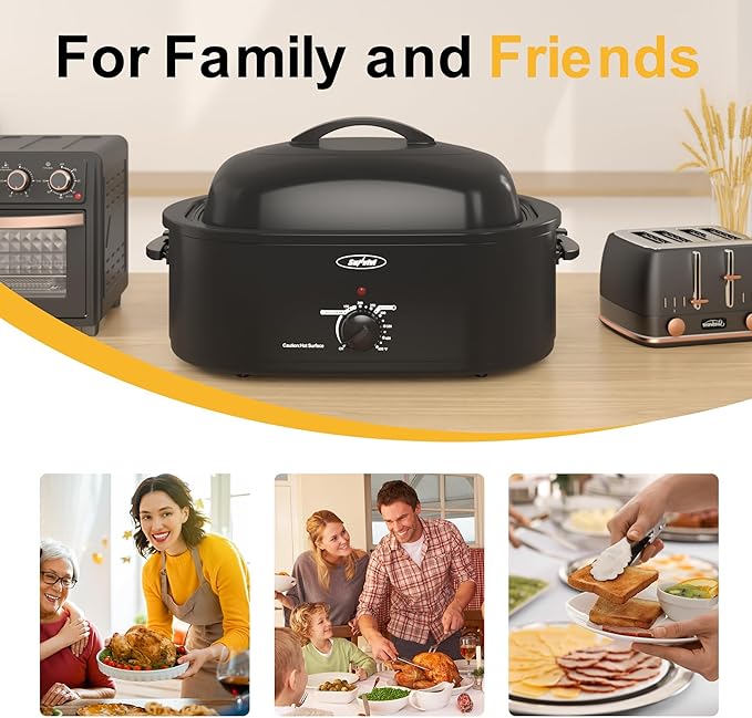 Royalcraft Roaster Oven with Self-Basting Lid, 18qt Electric Roaster with Removable Pan & Rack, Turkey Roaster Oven with Defrost & Warm Function, Stainless Steel, Black