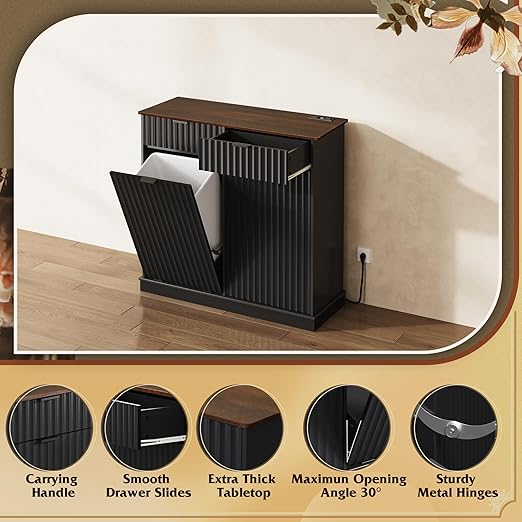 WLIVE 2 * 10 Gallon Double Tilt Out Trash Can Cabinet, Hidden Trash Can Cabinet with 2 AC+ USB Outlets, Storage Drawers, Food/Clothes Storage Pet Proof Kitchen Trash bin Cabinet for Home (Black)