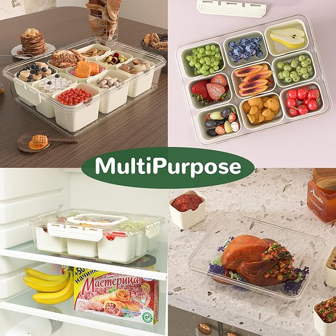 REBECAT Divided Serving Tray with Lid and Handles 9 Compartments Snack Box Container Charcuterie Organizer Snackle Box Container for Candy,Nuts，Fruits,Snacks,2 Pack,Beige