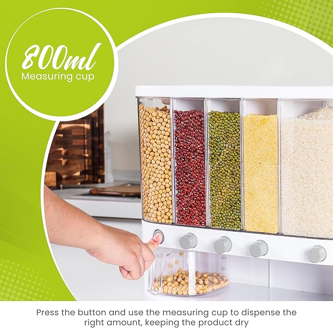 Wall Mounted Dry Food Dispenser with Individual Containers and Removable Walls for Rice, Beans, small grains, Lentils for Pantry and Kitchen Storage with Measuring Cup – 5 Grids