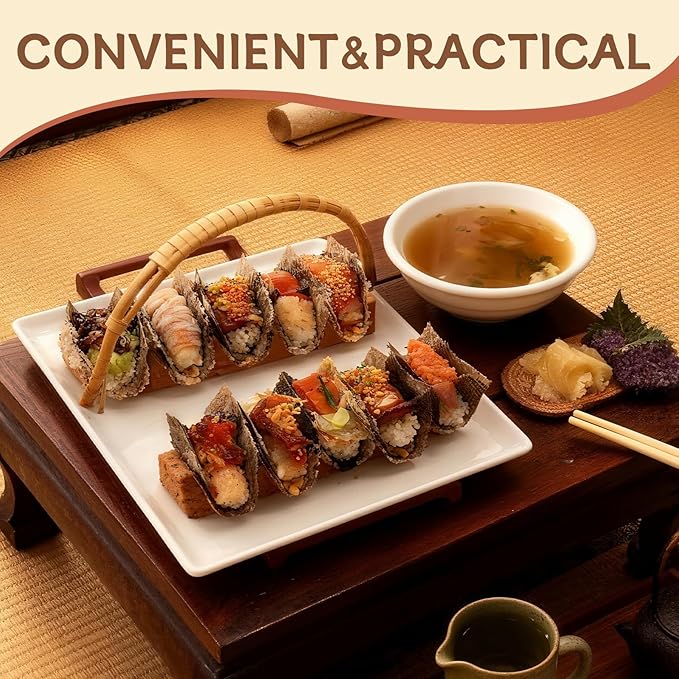 Wooden Taco Holder Stand for Sushi Hand Roll, Temaki & Sushi Roll – 1/2/3/5 Slot Sushi Display Tray, Natural Wood Serving Platter (10 pcs per Pack) (5 Slots (10 pcs))