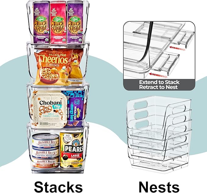 Sorbus Stackable Storage Bins Open Front, Clear Stackable Storage Bins, Pantry Bins for Storage and Organization, Acrylic Stackable Bins for Kitchen, Clear Pantry Organizer Bins (Small Square 4 Pack)