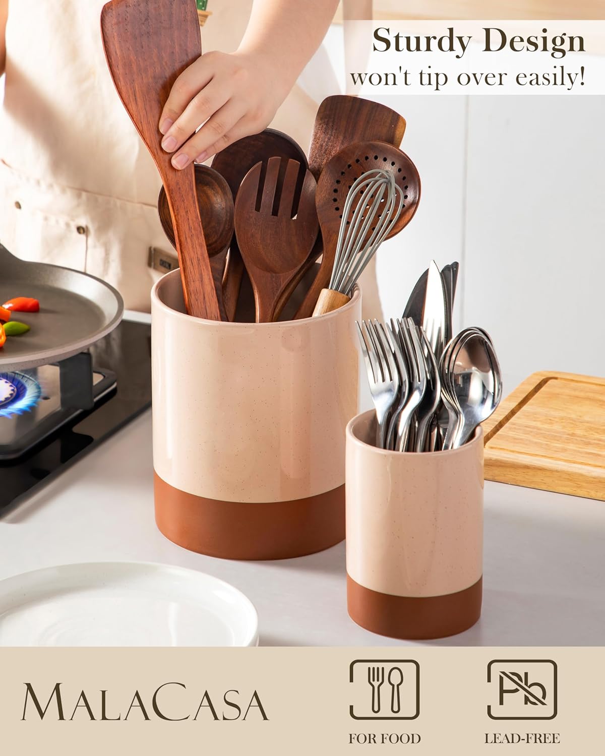 MALACASA Utensil Holder, 7.3"+5.5" Ceramic Kitchen Utensil Holder for Countertop, Large Cooking Utensil Crocks for Kitchen Counter, Farmhouse Utensils Organizer, Set of 2, Khaki Pink, Series TARA