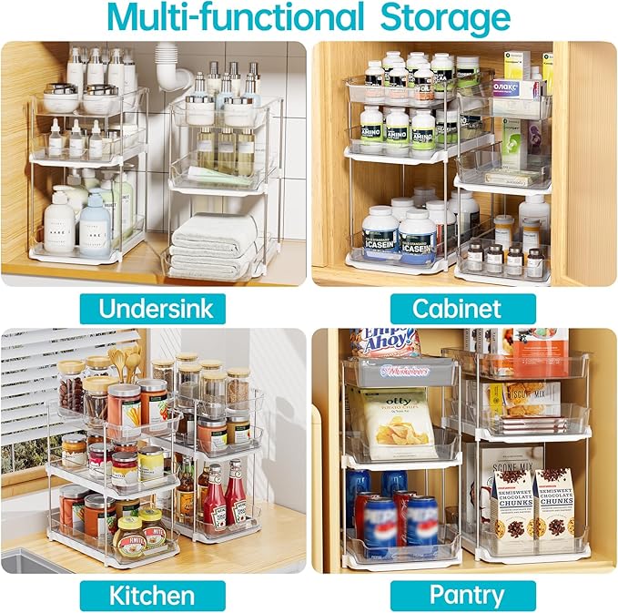 Delamu 2 Sets of 3-Tier Bathroom Under Sink Organizers and Storage, Multi-Purpose Stackable Pantry Organization and Storage, Pull Out Clear Kitchen Bathroom Cabinet Organizer with Movable Dividers | Storage, Multi-Purpose, Stackable, Pantry Organizatio...
