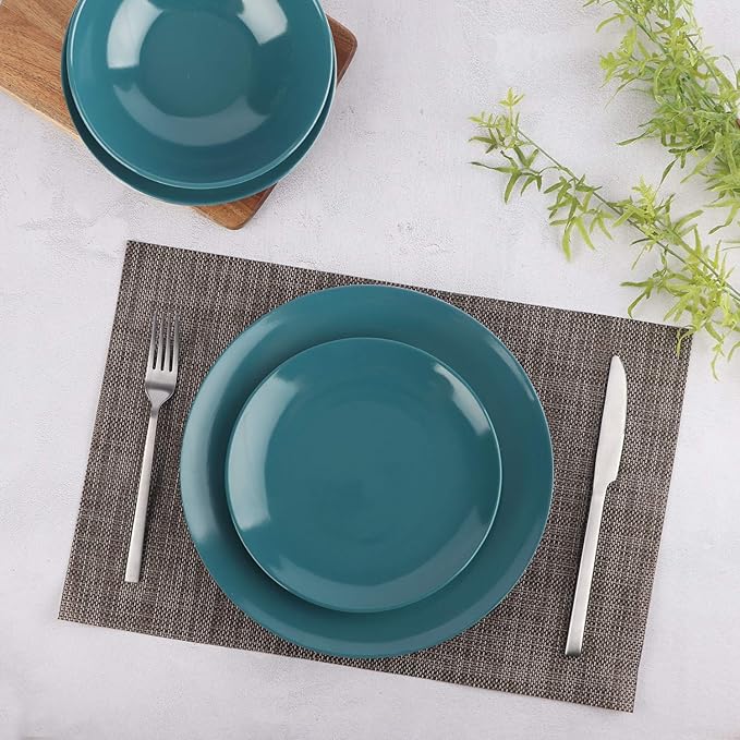 Amazon Basics 18-Piece Stoneware Dinnerware Set, Service for 6, Microwave and Dishwasher Safe, Plates and Bowls, Deep Teal