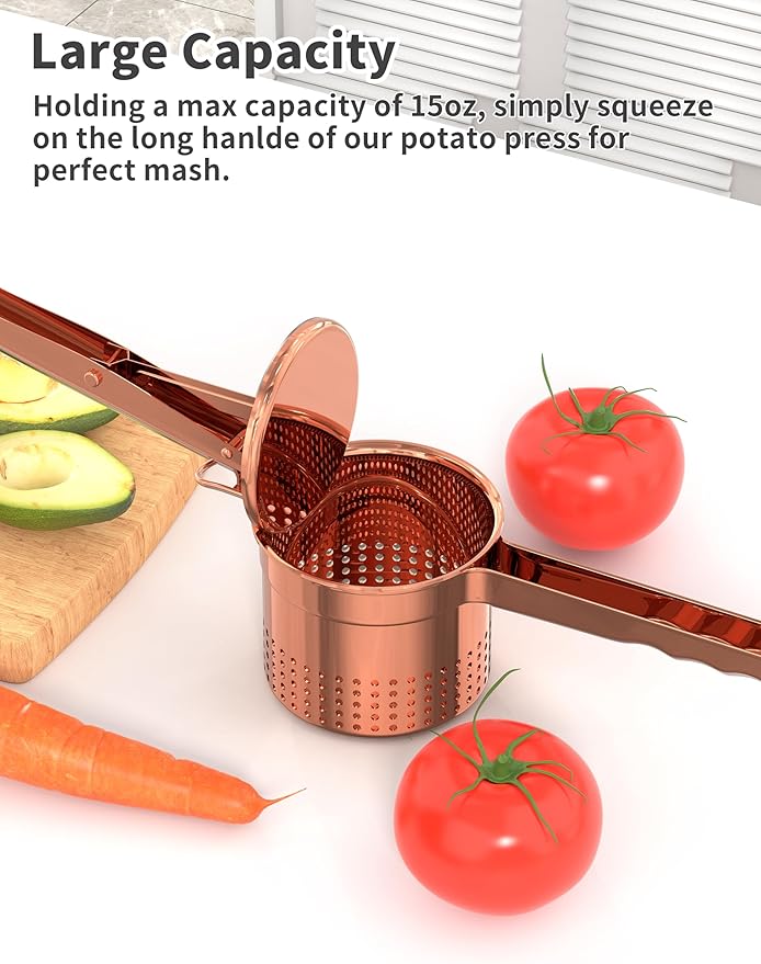 Livilord Large 15oz Potato Ricer, Heavy Duty Stainless Steel Ricer for Mashed Potatoes, Sweet Potato Masher Kitchen Tool with Ergonomic Handle, Press and Mash Kitchen Gadget, Rose Gold