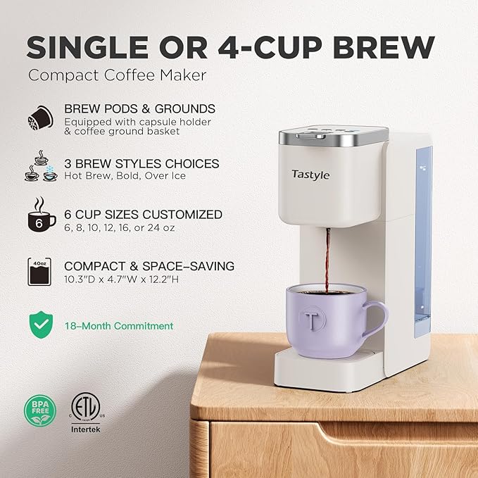 Tastyle Single Serve Coffee Maker, Iced and Hot Coffee Machine for K Cup & Grounds, Compact Design, 40oz Removable Water Reservoir, 6 to 24 Oz Brew Sizes, Fits 7.3" Travel Mug, Beige