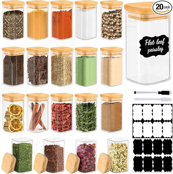 TBWIND 20 Pack 8 oz Square Glass Spice Jars with Lids and Labels – Airtight Small Spice Containers Set, Clear Glass Storage Jars for Seasoning, Spices, Kitchen Pantry Organization