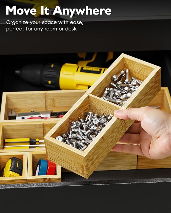 12-Piece Bamboo Desk Drawer Organizer Set – Adjustable Storage Boxes with 24 Compartments, Non-Slip, Modular Design for Office, Jewelry, Vanity, and Kitchen Utensil Drawer Storage