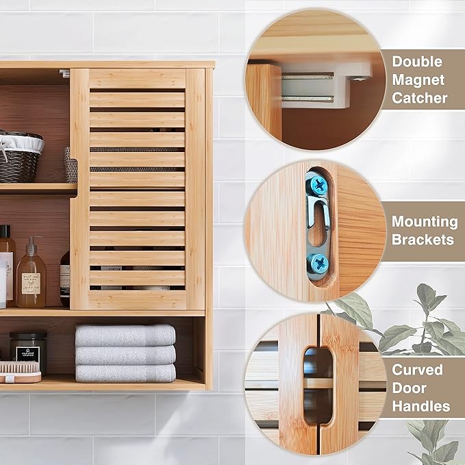 SMIBUY Bathroom Cabinet Wall Mounted, Bamboo Over-The-Toilet Storage Organizer, Space Saver Medicine Cabinet with 2 Door and Adjustable Shelves (Natural)