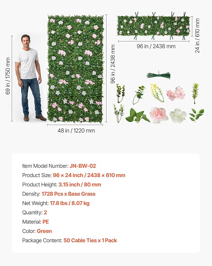 VEVOR Artificial Luxury‌ Flower Wall Backdrop, 2 PCS, Each Panel 2 x 8 ft, Gorgeous 3D Silk Floral Backdrop Pet Friendly, Easy Installation Flower Wall Panel for Wedding, Event, Party,Mixed Leaf