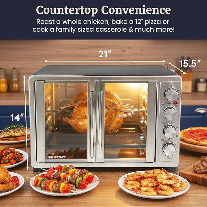 Elite Gourmet ETO4510B# French Door 47.5Qt, 18-Slice Convection Oven 4-Control Knobs, Bake Broil Toast Rotisserie Keep Warm, Includes 2 x 12" Pizza Racks, Stainless Steel