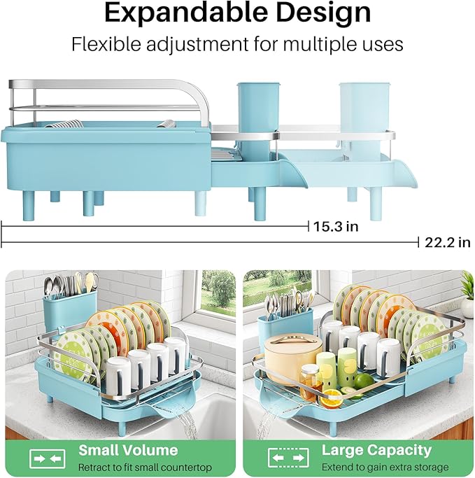 SAYZH Dish Drying Rack - Expandable Dish Rack for Kitchen Counter, Rust-Resistant Dish Drainer with Utensil Holder and Raised Guardrail, Kitchen Organizer for Cup and Bottle (Blue)