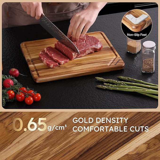 13'' Teak Wood Cutting Board for Kitchen Non Slip Over Sink Charcuterie Board Serving Heavy Duty Non Toxic Wooden Chopping Board Thick Haus Organic Edge Grain Wood House Warming Hostess Host Gift