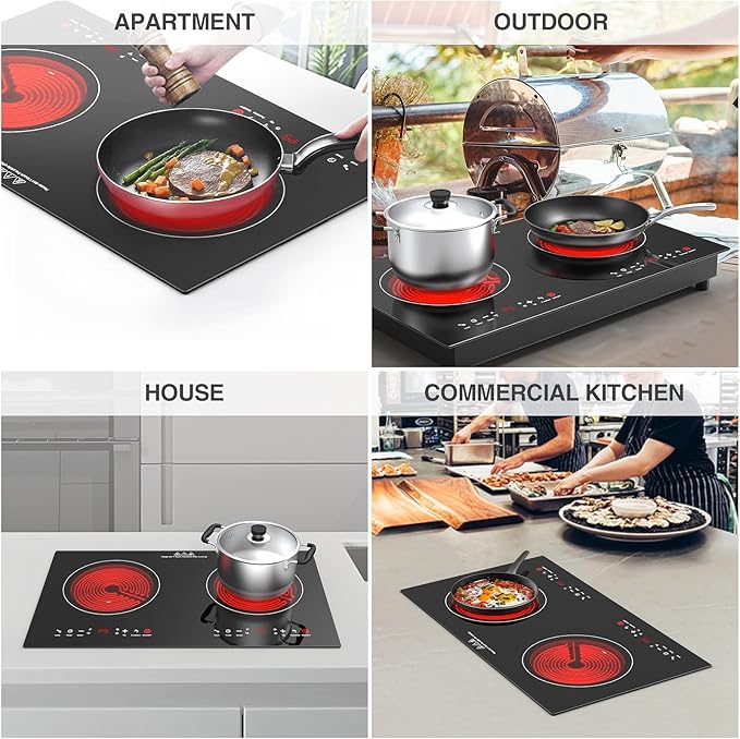 3000w Electric Cooktop, 24" Electric Stove 2 Burner Hot Plate Built-in Double Burner Cooktop with LED Touch Screen,9 Heating 9 Temperature,Kids Lock & Timer,Suitable for all Pans
